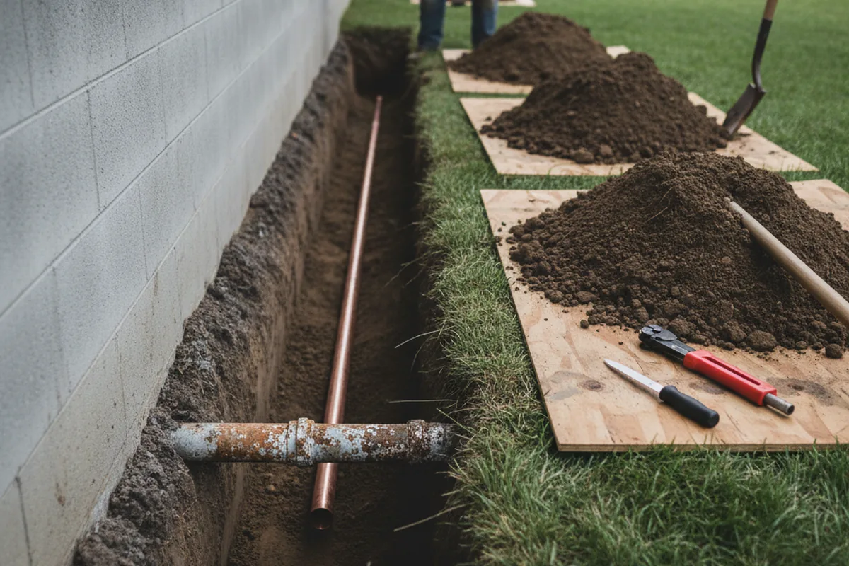 Excavated water line trench during Water Softener Installation in Kendalia